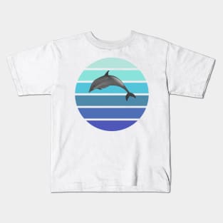 Jumping Dolphin in Blue Stripe Sunset Kids T-Shirt